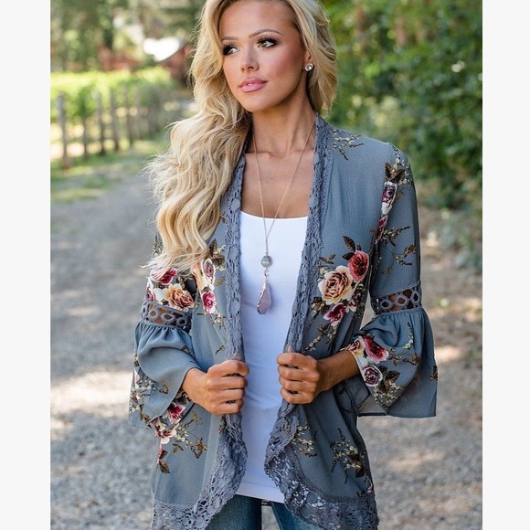 Tops - ‘KYOTO’ Floral Kimono Cardigan in Grey